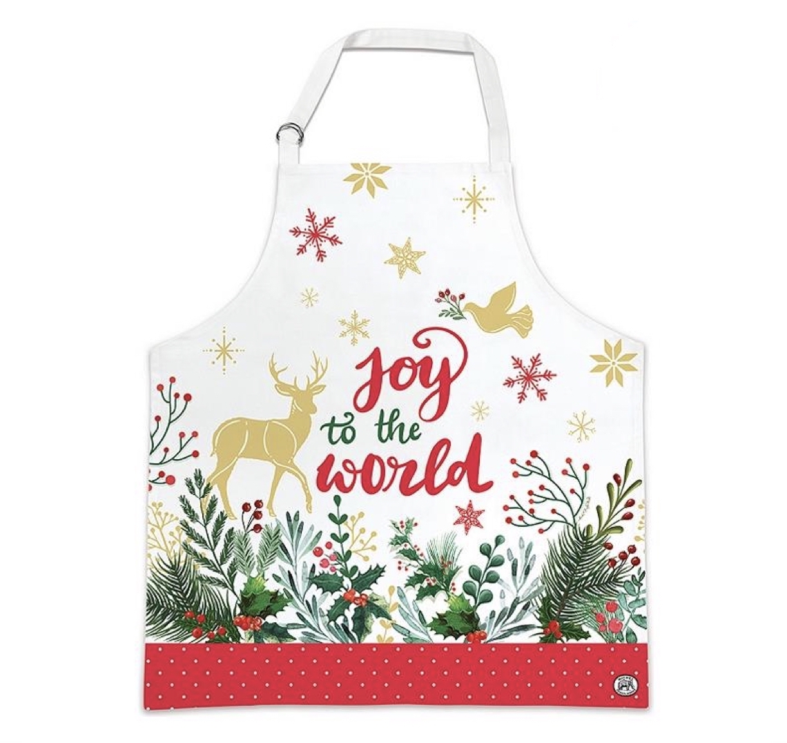 Weiße Baumwoll-Schürze mit verstellbarem Nackenträger und Weihnachtsmotiv: goldene Sterne, rote Schneeflocken, Hirsch, Taube, Schriftzug „joy to the world“, Tannenzweige, Beeren, roter gepunkteter Saum.