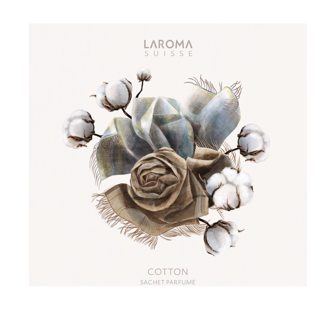 Stilisierte Illustration mit sechs weißen Baumwollblüten, umgeben von weichen, fließenden Stoffbahnen in Beige-, Braun- und Blautönen. Oben steht 'LAROMA SUISSE', unten 'COTTON SACHET PARFUMÉ'. Zart, frisch, rein.