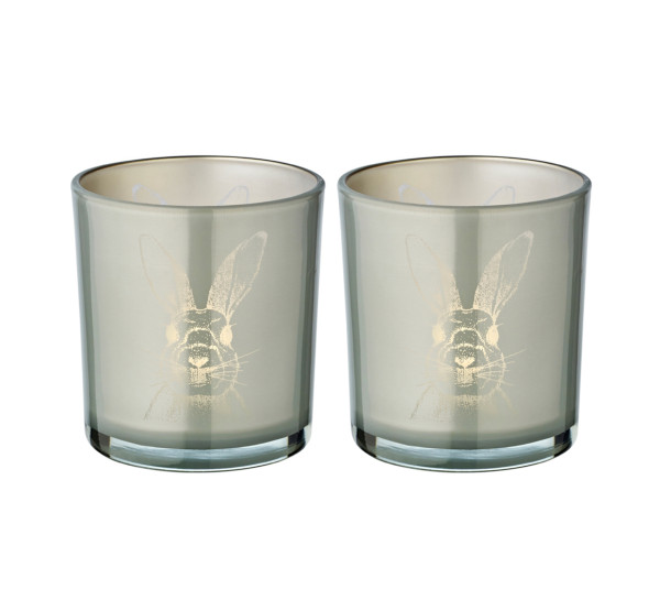 Edzard BUNNY GLASS LANTERNS, Hase Teelichtgläser, 2er Set, silbergrau weiss