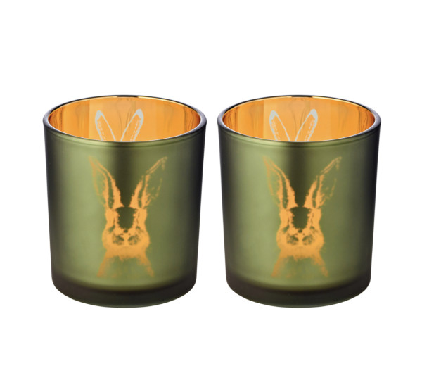 Edzard BUNNY GLASS LANTERNS, Hase Teelichtgläser, 2er Set, grün gold